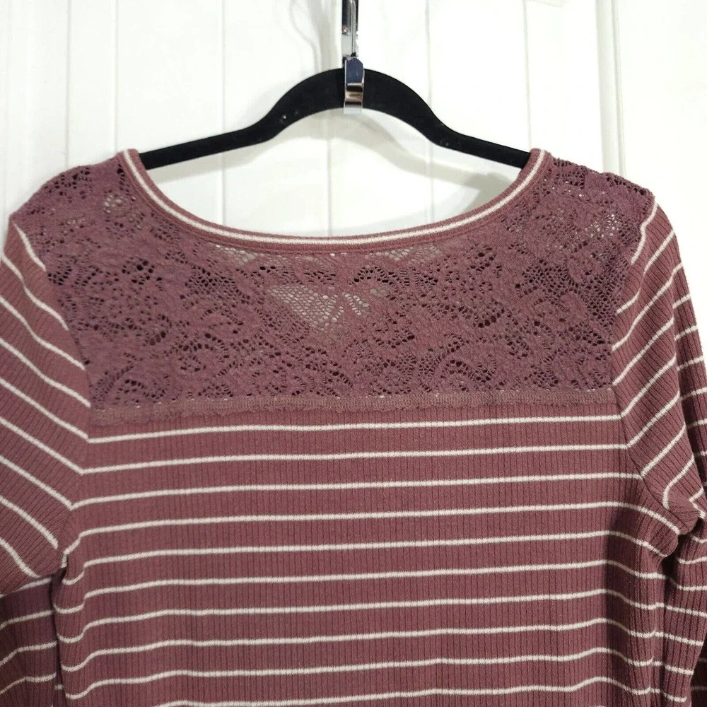 Anthropologie Womens Sleep Shirt Campground Maroon Striped Thermal Henley Top S